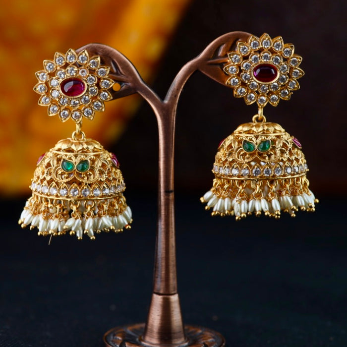 Antique gold multi stone & pearl jumka earrings 2301302