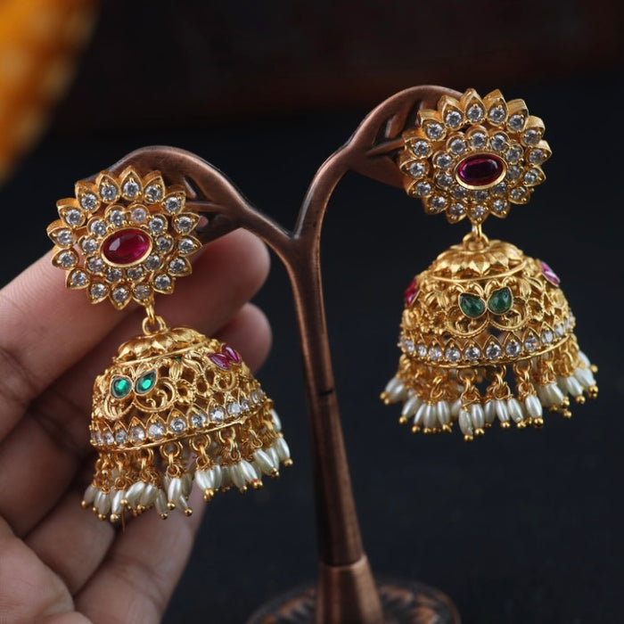 Antique gold multi stone & pearl jumka earrings 2301302