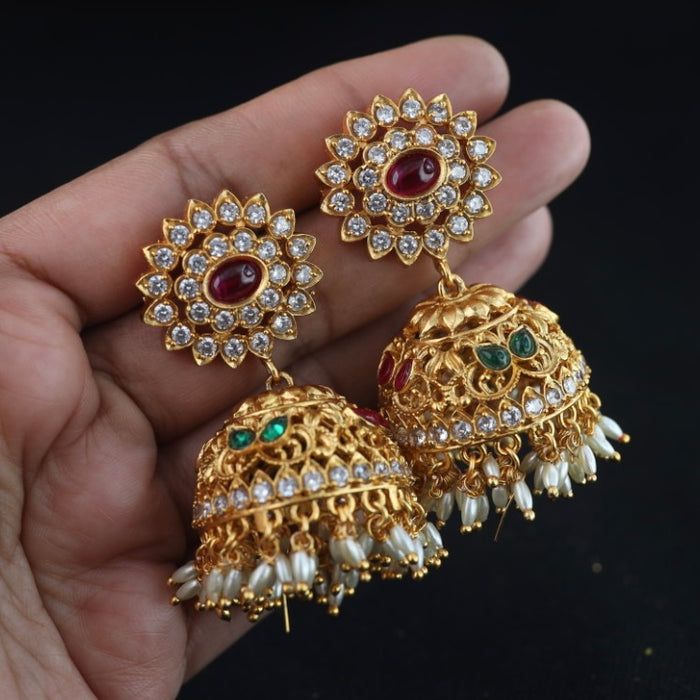 Antique gold multi stone & pearl jumka earrings 2301302