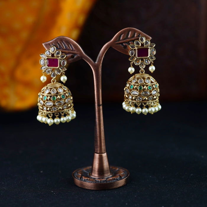 Antique gold multi stone & pearl jumka earrings 2301306
