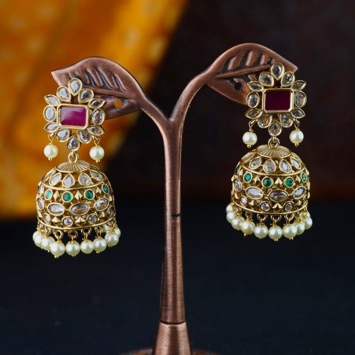 Antique gold multi stone & pearl jumka earrings 2301306