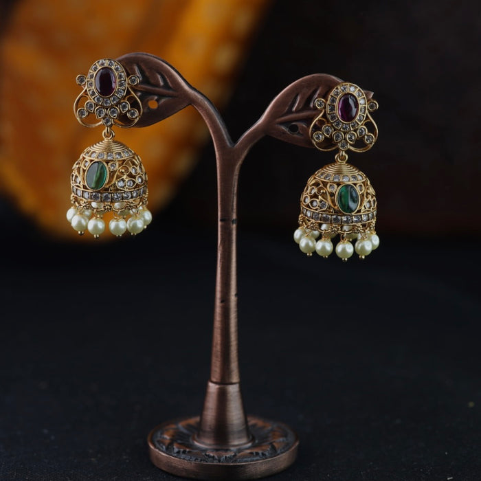 Antique gold multi stone and pearl jumka earrings 2301314