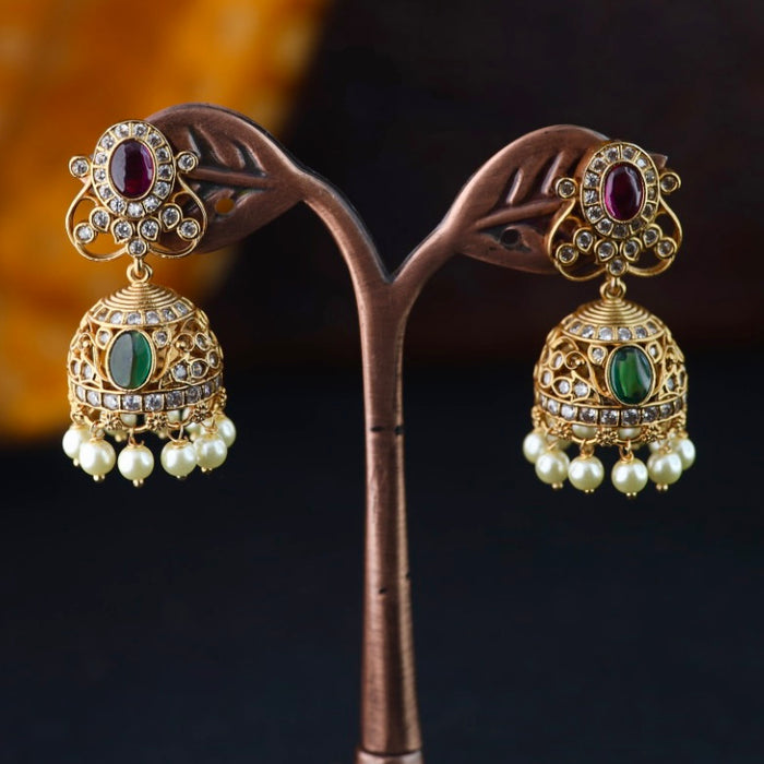 Antique gold multi stone and pearl jumka earrings 2301314