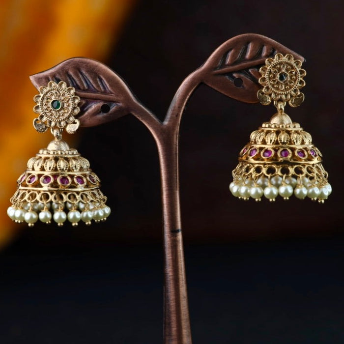 Antique gold multi stone and pearl jumka earrings 2301318