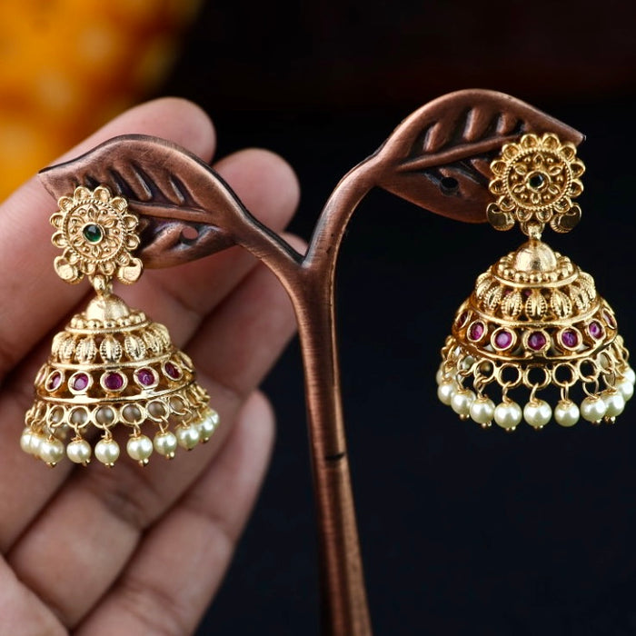 Antique gold multi stone and pearl jumka earrings 2301318