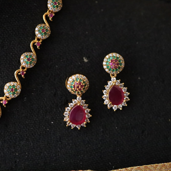 Antique ruby  green stone simple short necklace with earrings 1649979
