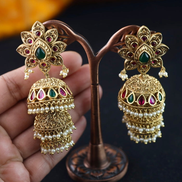 Antique gold ruby pearl layer big jumka earrings 2301332