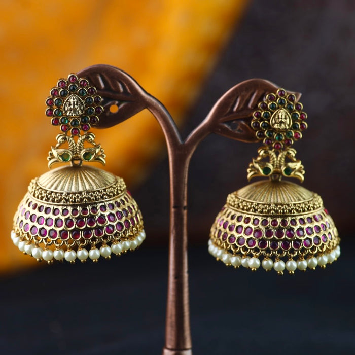 Antique gold ruby pearl temple jumka earrings 2301335
