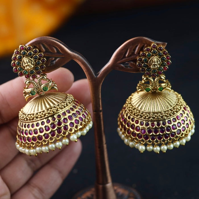 Antique gold ruby pearl temple jumka earrings 2301335