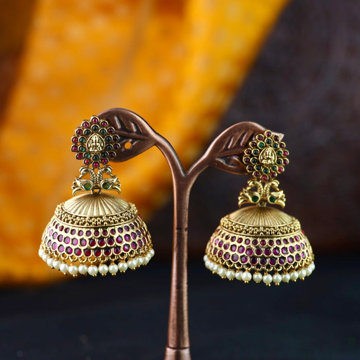 Antique gold ruby pearl temple jumka earrings 2301335