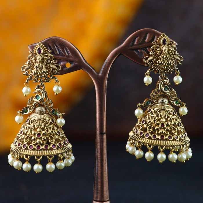 Antique gold ruby pearl temple jumka earrings 2301336