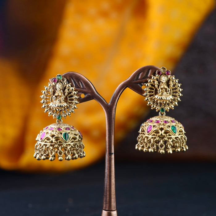 Antique gold ruby green temple jumka earrings 2301337