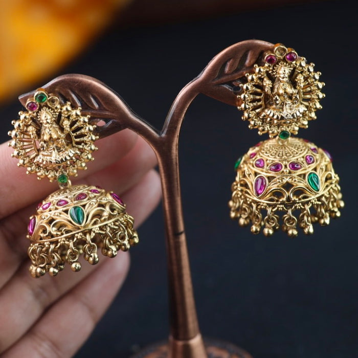 Antique gold ruby green temple jumka earrings 2301337