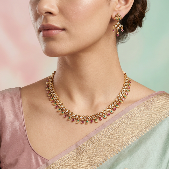 Antique gold stone short necklace and earrings SS10-128