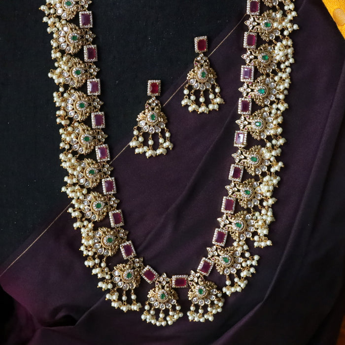 Antique ruby white stone long necklace/waistchain and earrings 816905