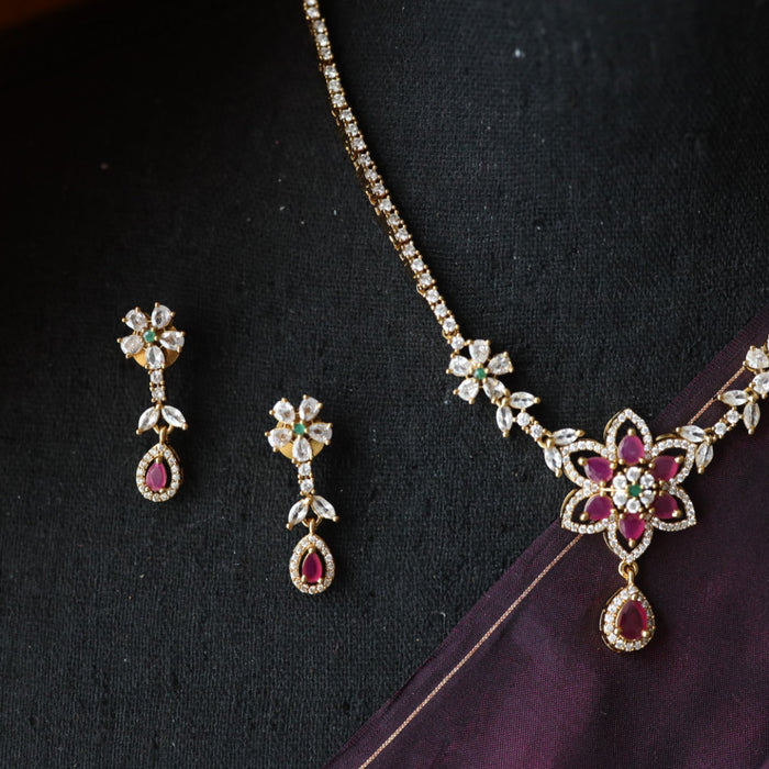 Antique ruby white stone short necklace and earrings 816995