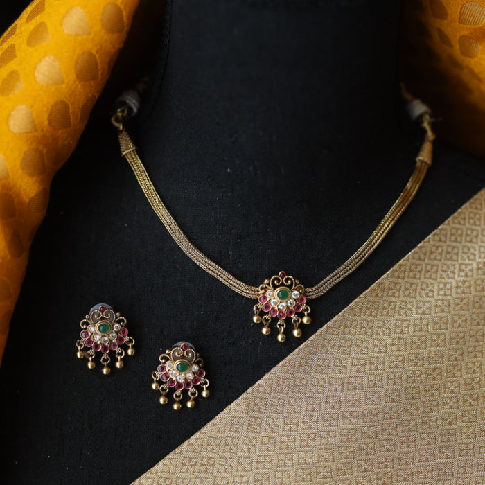 Antique gold ruby stone choker necklace and earrings 81664