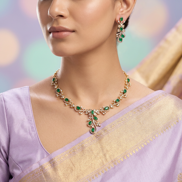 Antique green white stone short necklace and earrings TT02019
