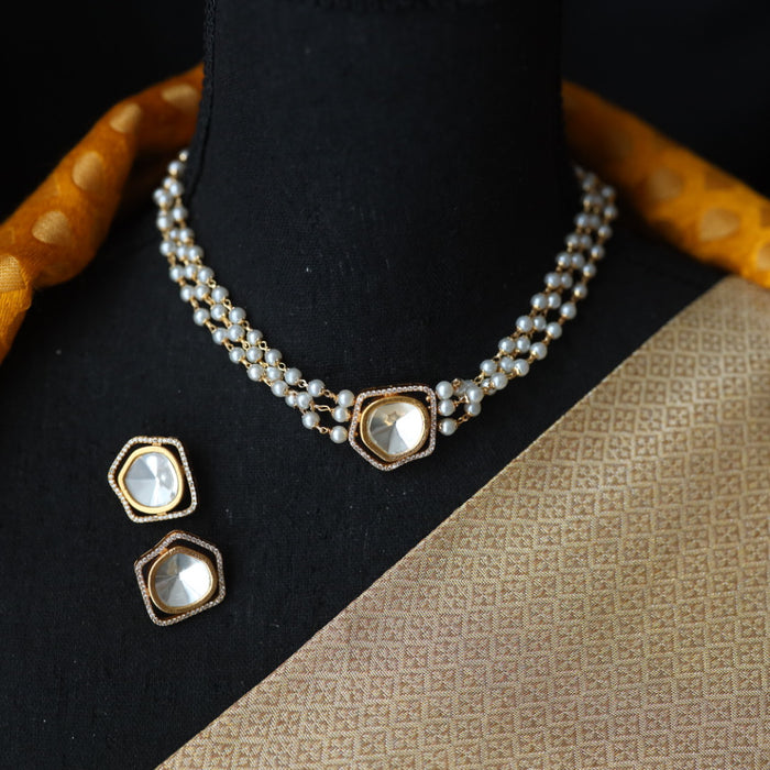Padmini pearl white stone layer choker necklace and earrings 816900