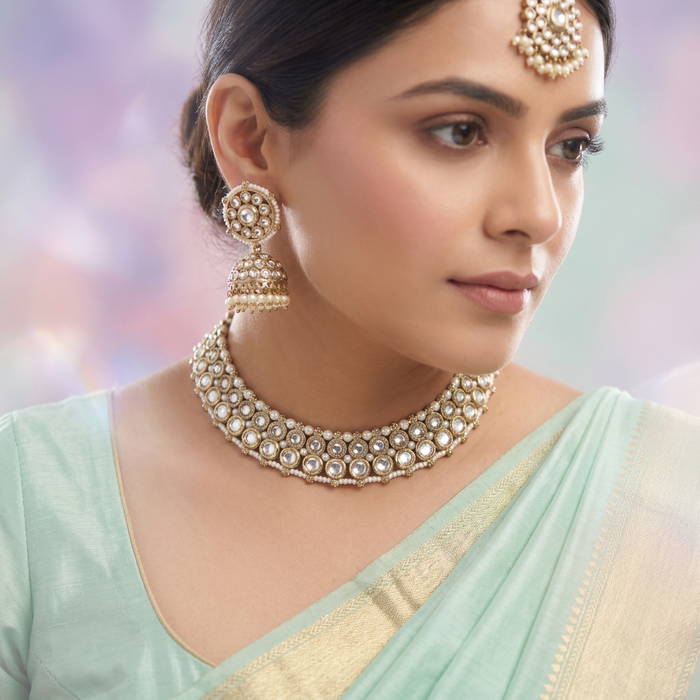 Trendy white stone short necklace with earrings and tikka TW0012