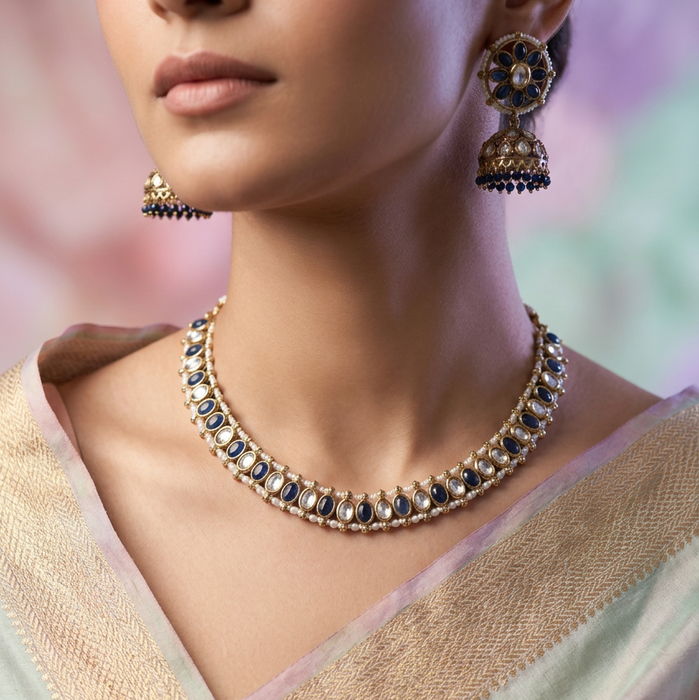 Trendy blue stone short necklace and earrings and tikka TG002