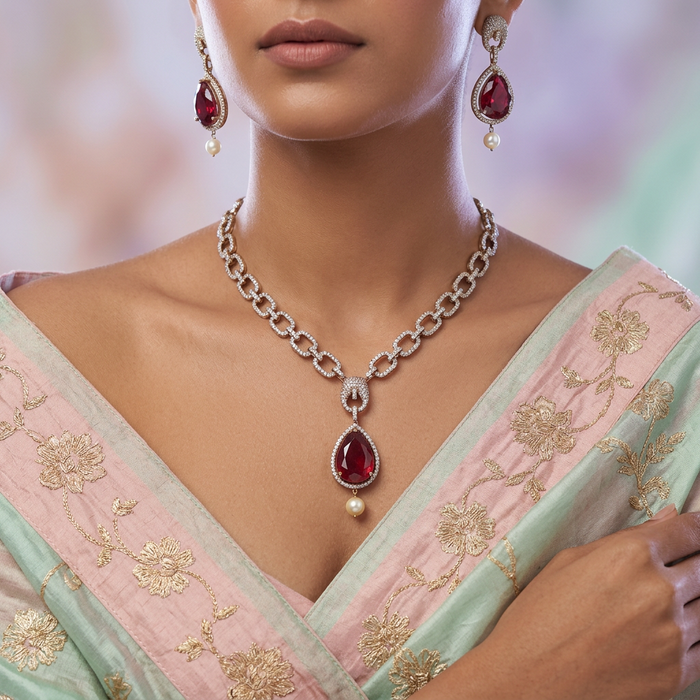 Victorian ruby stone short necklace with earrings V1011