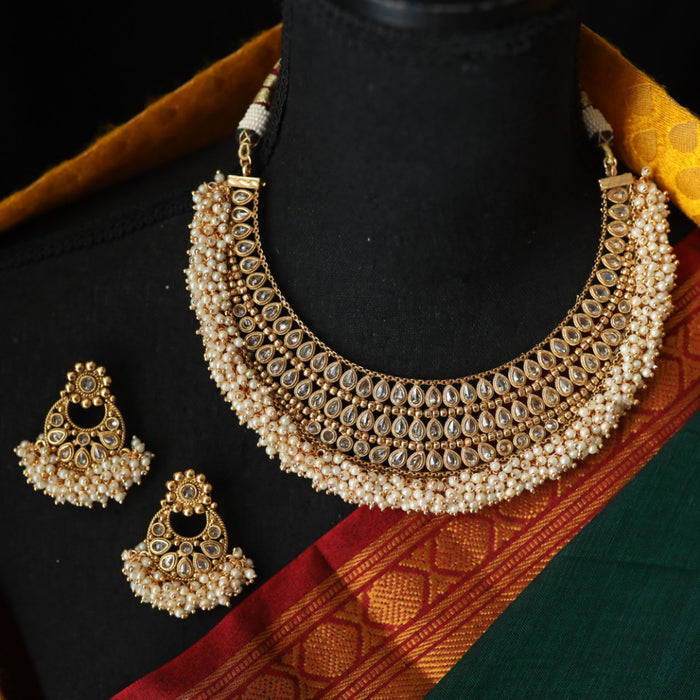 Antique gold stone and pearl short necklace and earrings 89001