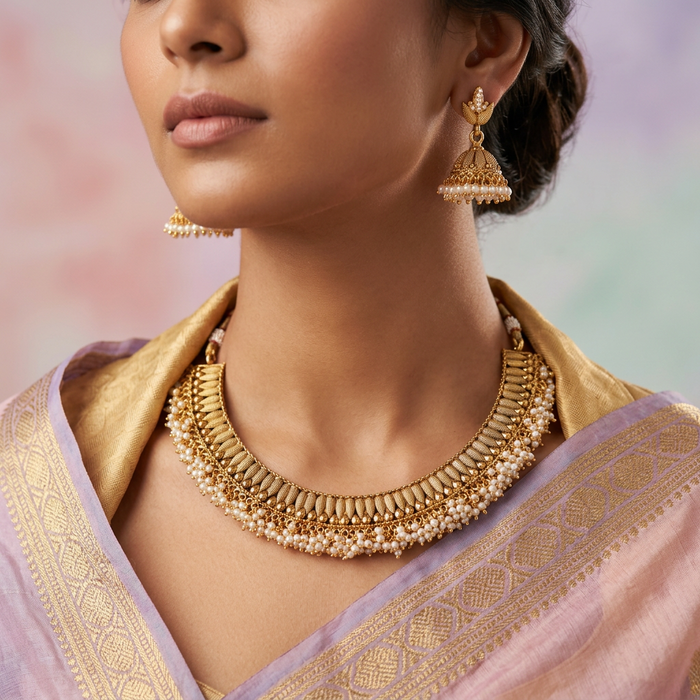 Antique gold stone and pearl short necklace and earrings SS12020