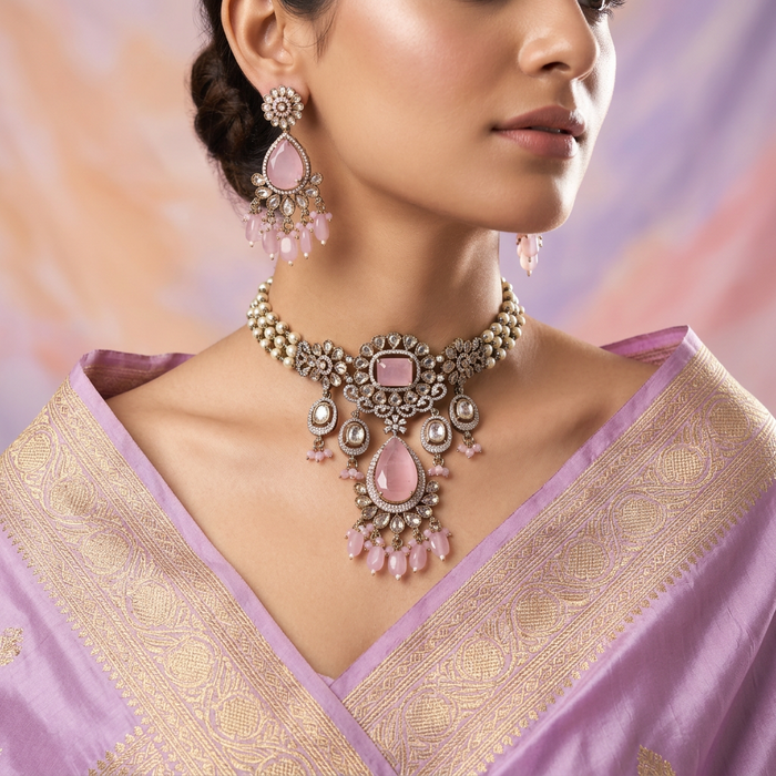 Victorian pink stone choker necklace with earrings V1031