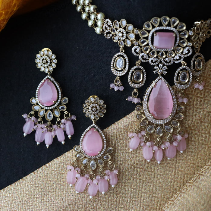 Victorian pink stone choker necklace with earrings 99890612