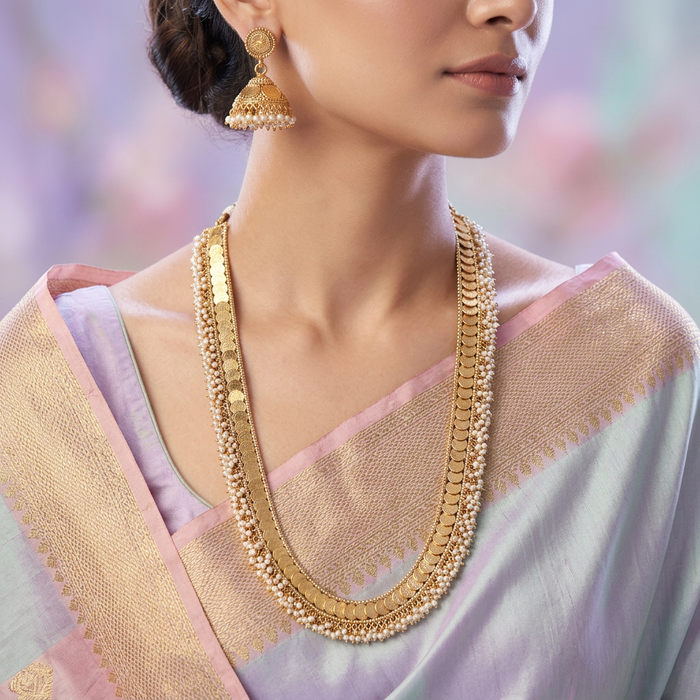 Antique gold and pearl coin design long necklace and earrings LL03003