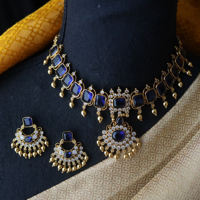 Antique blue stone short necklace with earrings 998906112