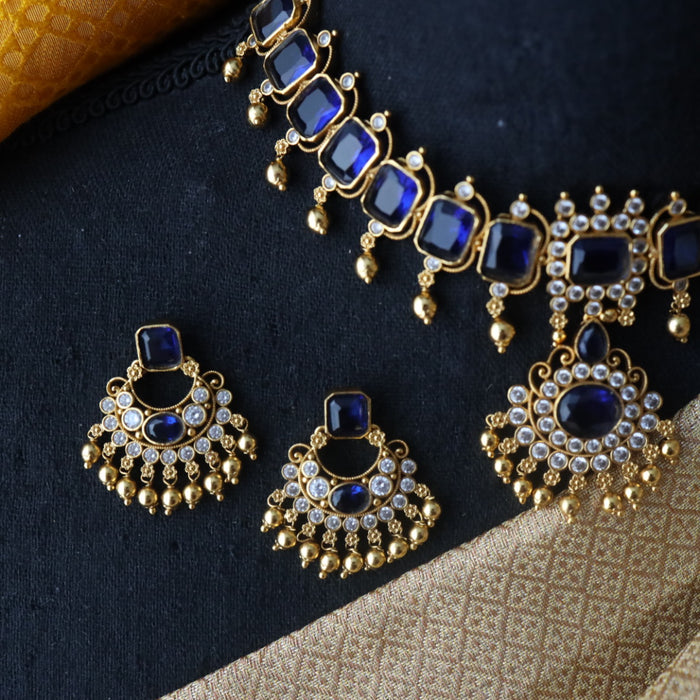 Antique blue stone short necklace with earrings 998906112