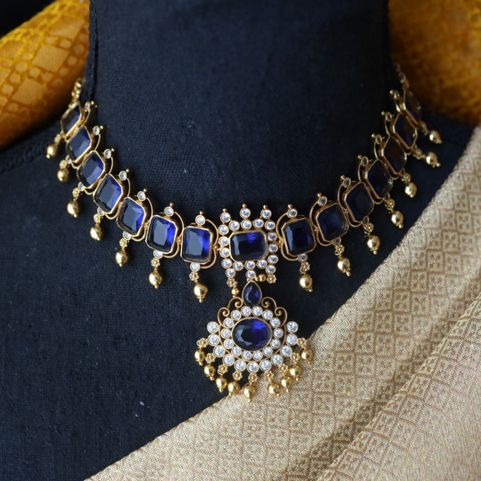 Antique blue stone short necklace with earrings 998906112