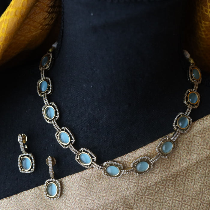 Trendy blue stone short necklace with earrings 998906113