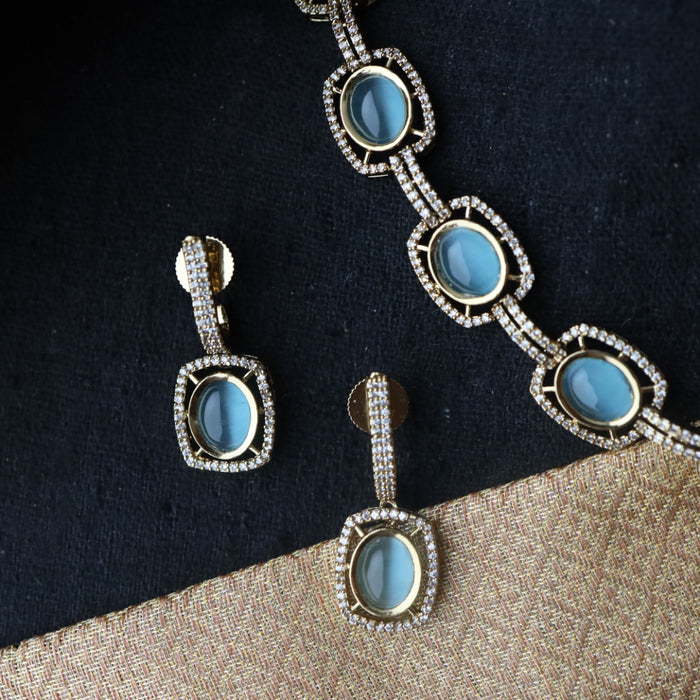 Trendy blue stone short necklace with earrings 998906113