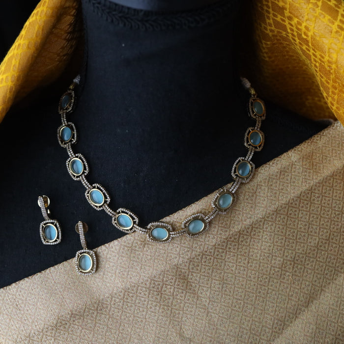 Trendy blue stone short necklace with earrings 998906113