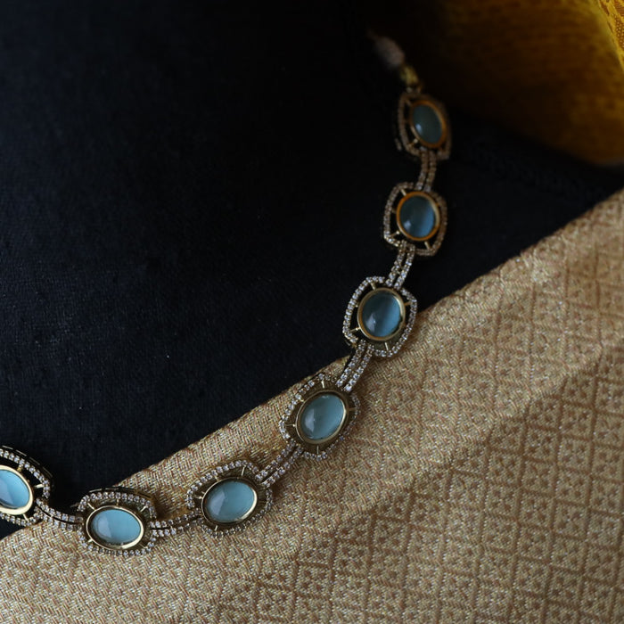 Trendy blue stone short necklace with earrings 998906113