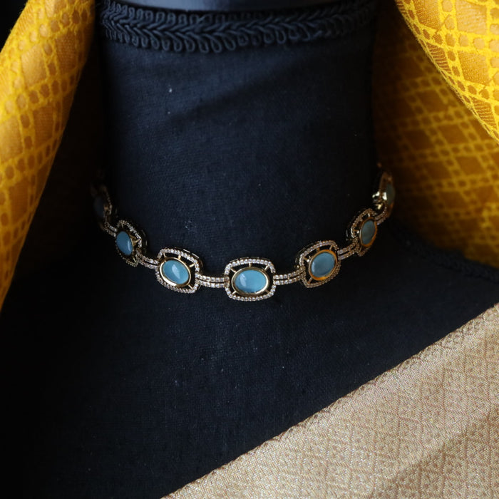 Trendy blue stone short necklace with earrings 998906113