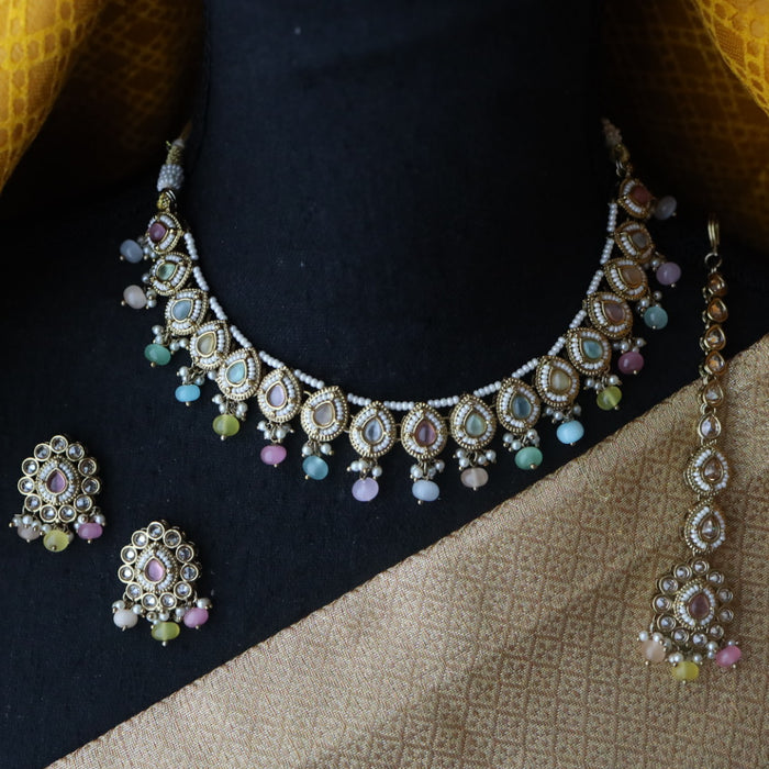 Trendy multi stone short necklace with earrings 998906114