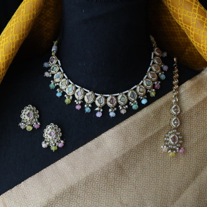 Trendy multi stone short necklace with earrings 998906114