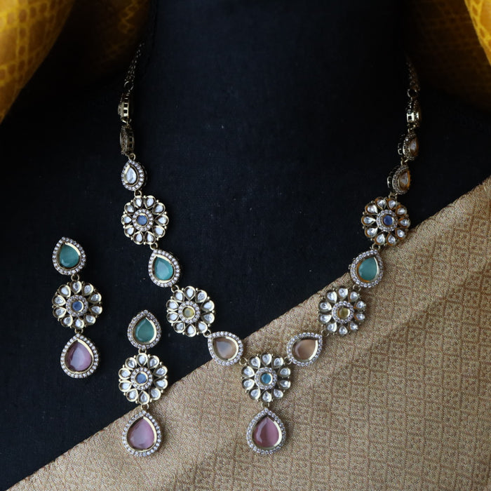 Trendy multi stone short necklace with earrings   989022