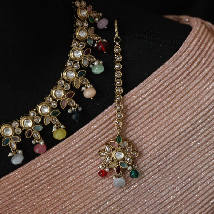 Trendy multi colour bead choker necklace with earrings and tikka 98299