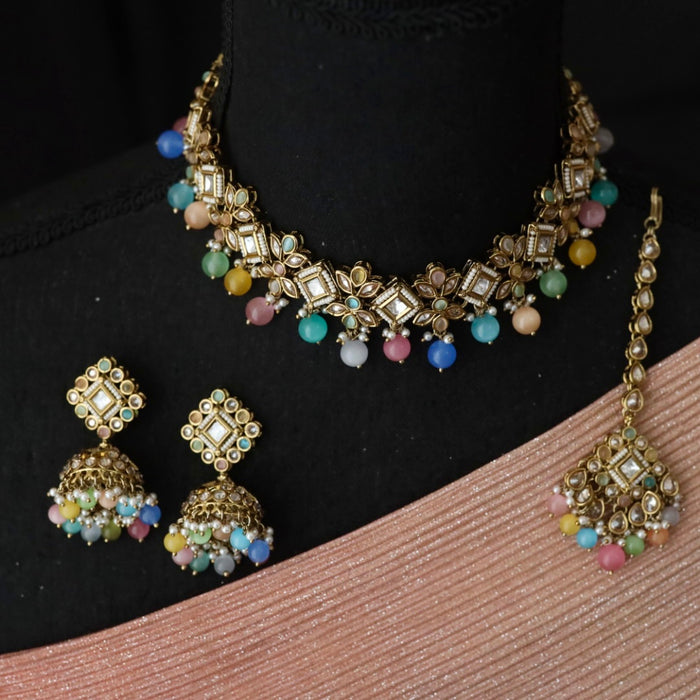 Trendy  multi colour stone choker necklace with earrings and tikka 1498