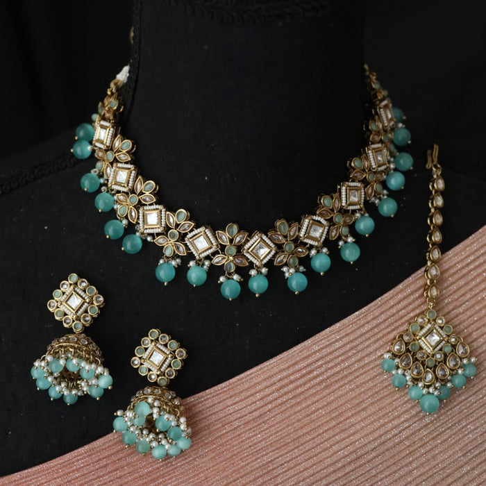 Trendy mint bead choker necklace with earrings and tikka 14877