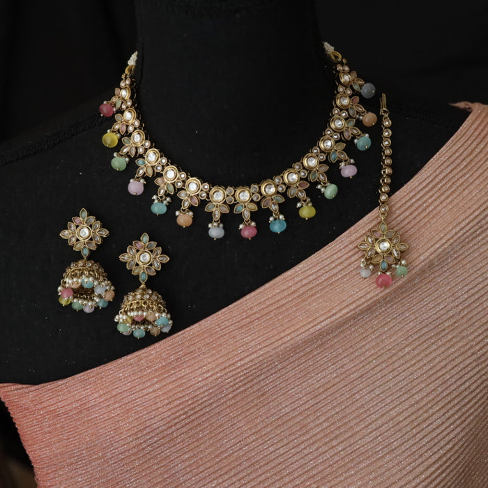 Trendy multi colour bead choker necklace with earrings and tikka 148843