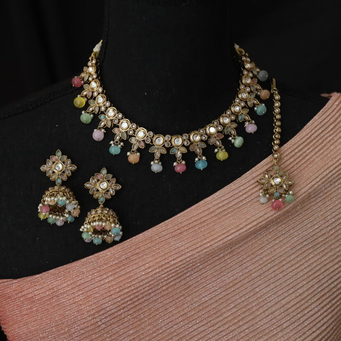 Trendy multi colour bead choker necklace with earrings and tikka 148843