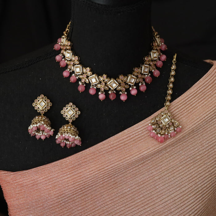 Trendy pink bead choker necklace with earrings and tikka 14832