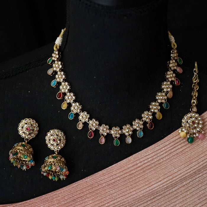 Trendy multi colour stone choker necklace with earrings and tikka 148533