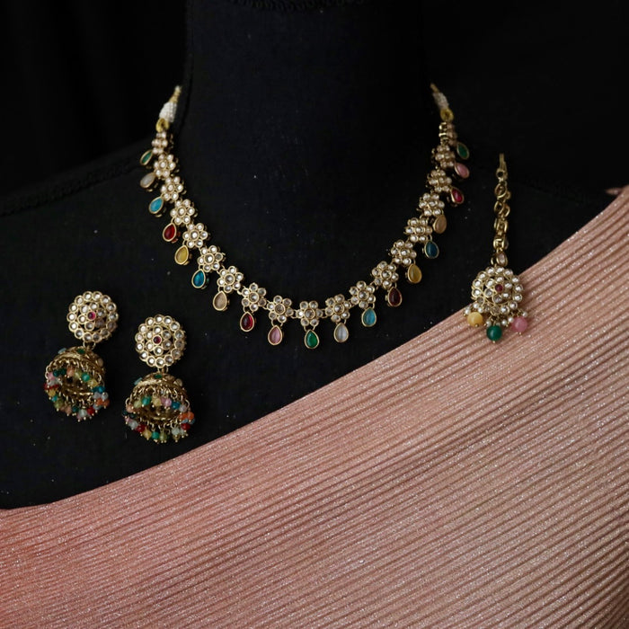 Trendy multi colour stone choker necklace with earrings and tikka 148533